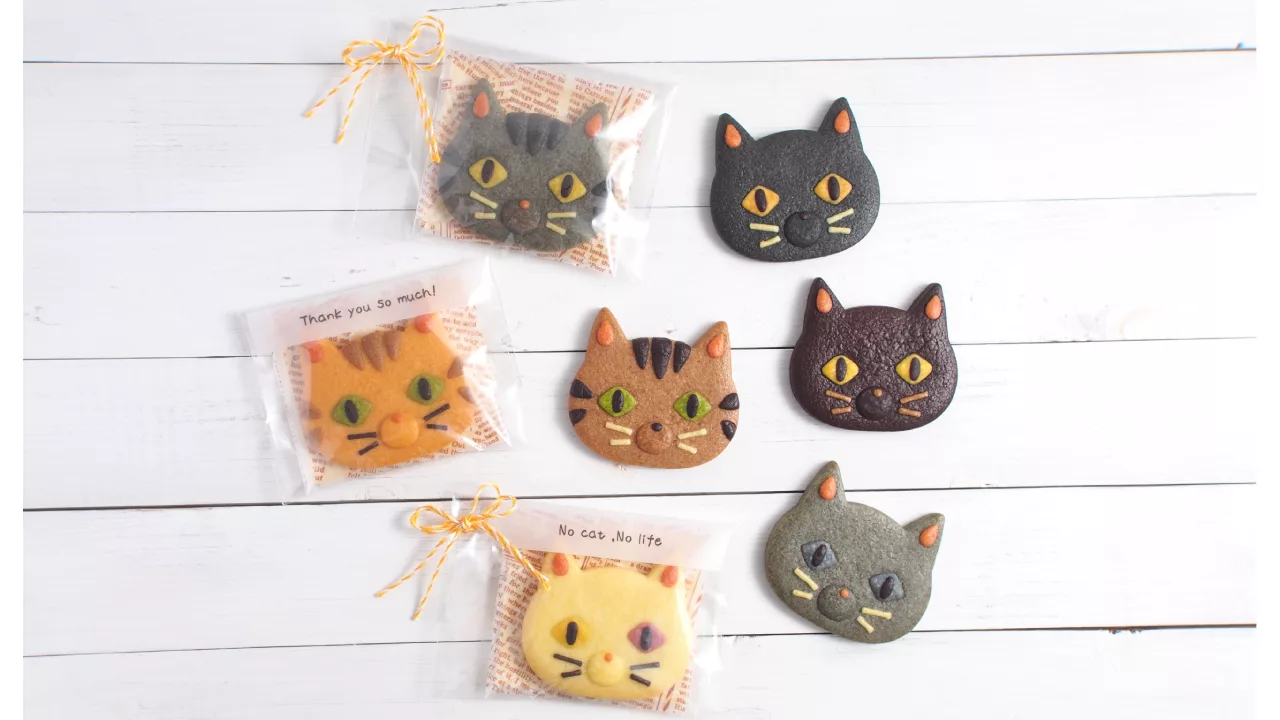 ネコクッキー7種 ラッピング例 白猫、黒猫、アメショ、茶トラ、キジトラ、ロシアンブルー、シャルトリュー